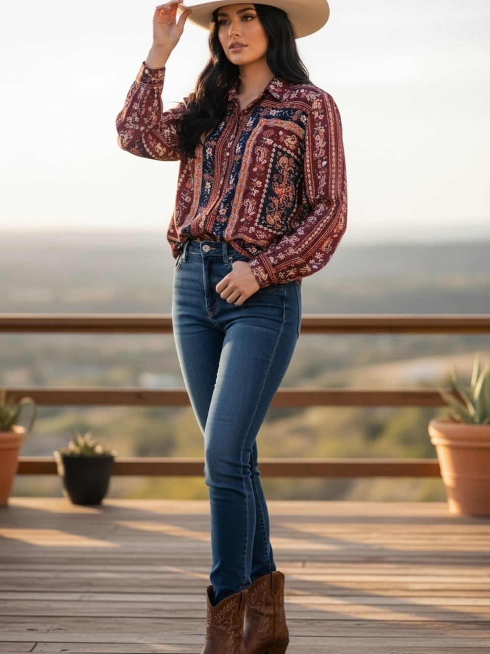 dressbarn Western Color Block Paisley Button-down Blouse